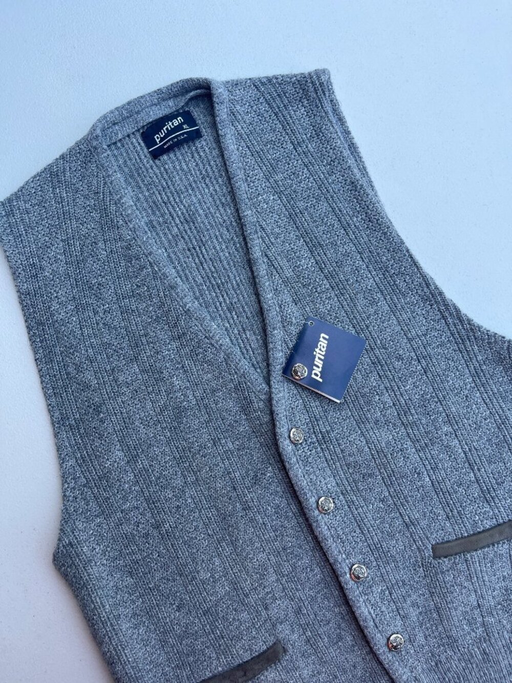 Mens Puritan Gray Ribbed Knit Button-Front Sweater Vest XL 70% Acrylic 30% Wool